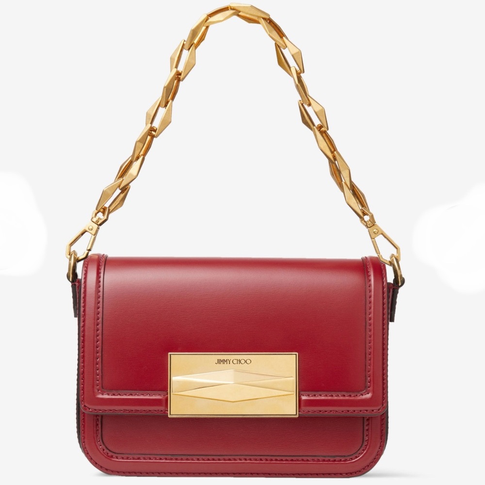 Jimmy Choo Diamond Cranberry Box Calf Leather Purse with Gold Chain